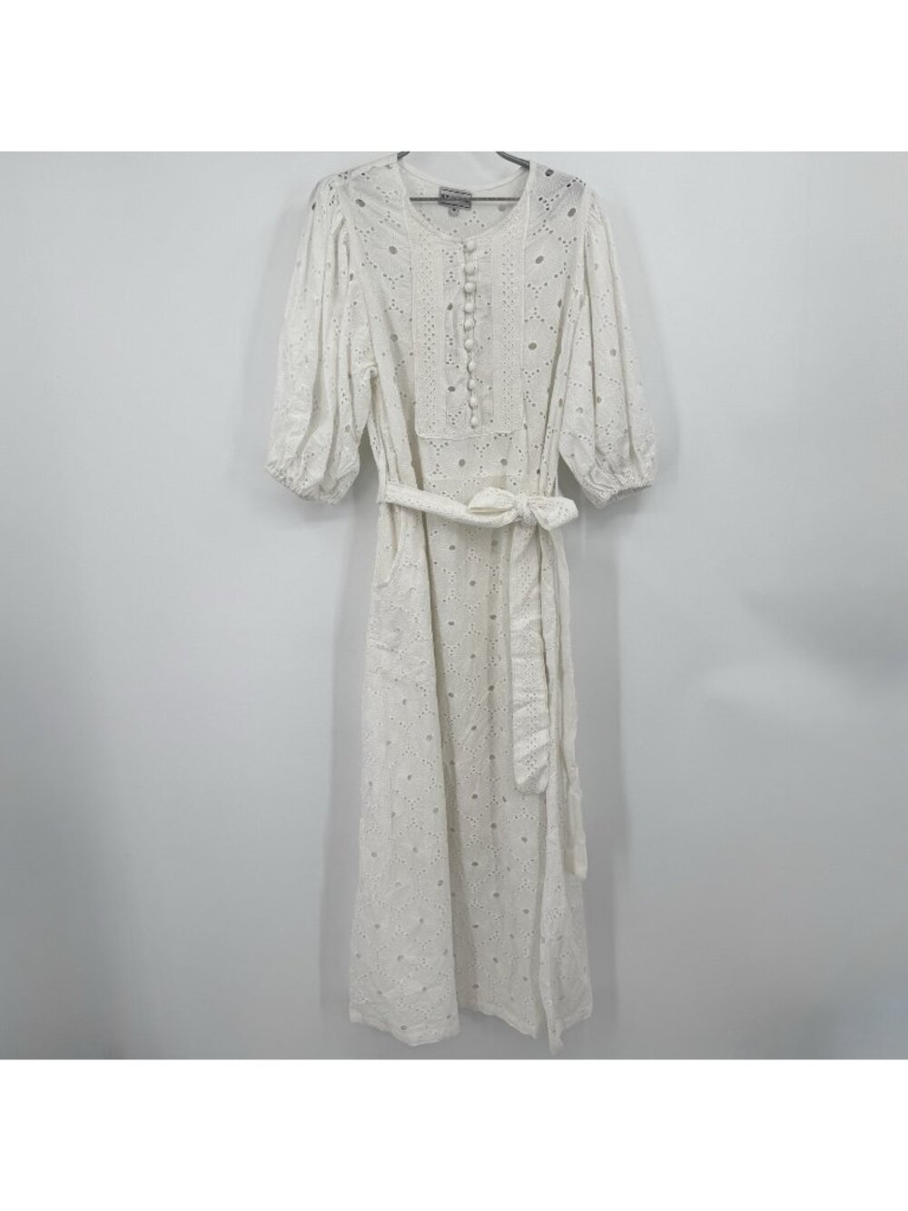 Sue Sartor White Eyelet Lace Flounce Midi Dress size M Puff Sleeve Belted